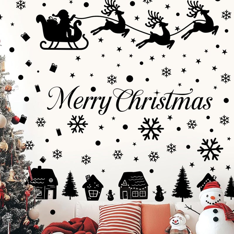 Kasubeso Merry Christmas Wall Decals, Black Santa Reindeer and Snowflake Window Clings, Removable Vinyl Wall Stickers for Holiday Party Bedroom Living Room Offices Home Decoration - Image 5